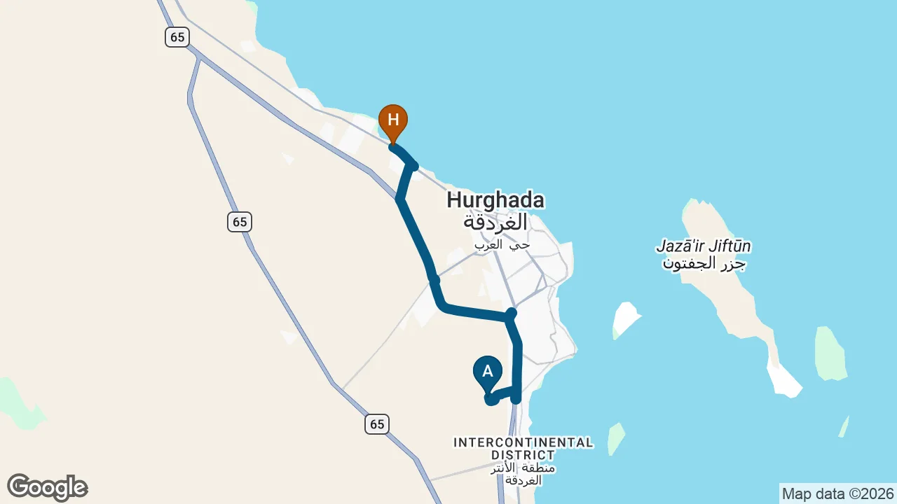 Driving route from Hurghada Airport to Palm Beach Resort